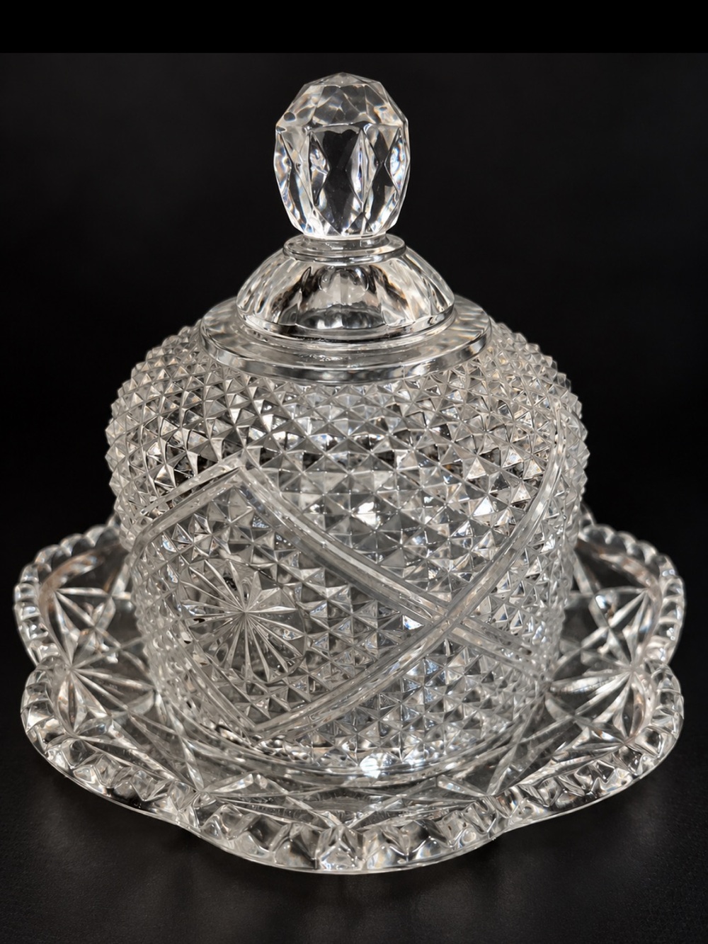 Avon Fostoria Diamond Point Stars Glass Covered Dish Candy Butter 6” 2 Piece